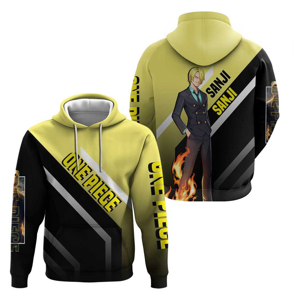 Sanji One Piece Hoodie with Stylish Kick Pose and Fiery Cooking Design Sanji One Piece Hoodie with Stylish Kick Pose and Fiery Cooking Design