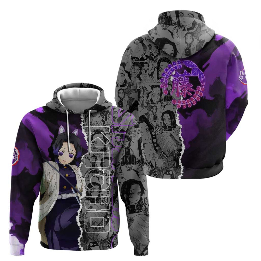 Shinobu Kocho Demon Slayer Hoodie with Insect Hashira Sword Pose and Elegant Butterfly Design Shinobu Kocho Demon Slayer Hoodie with Insect Hashira Sword Pose and Elegant Butterfly Design