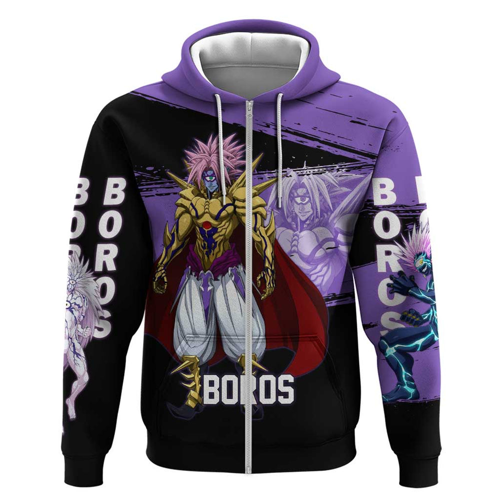 Boros One Punch Man Anime Purple and Black Theme Hoodie with Galactic Overlord Design and Intense Ba Boros One Punch Man Anime Purple and Black Theme Hoodie with Galactic Overlord Design and Intense Ba
