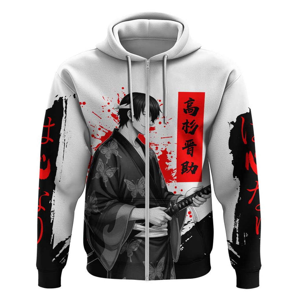 Shinsuke Takasugi Gintama Samurai Design Hoodie with Katana Red Calligraphy and Oni Mask Art Shinsuke Takasugi Gintama Samurai Design Hoodie with Katana Red Calligraphy and Oni Mask Art