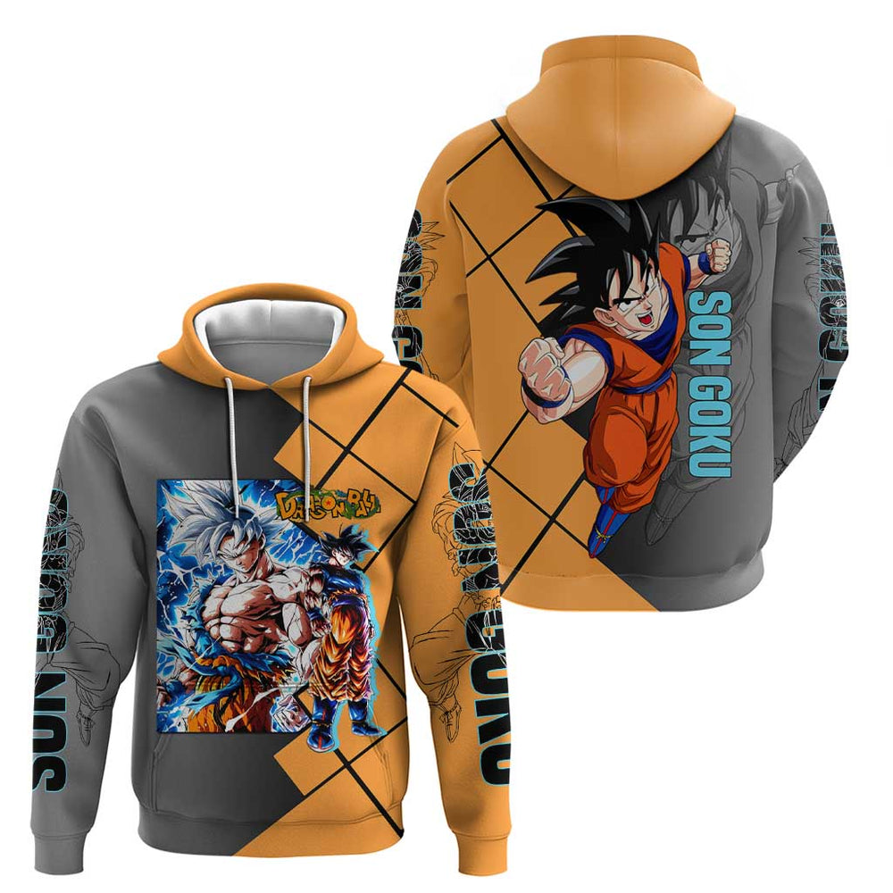 Son Goku Dragon Ball Hoodie with Super Saiyan Aura and Powerful Fighting Pose Design Son Goku Dragon Ball Hoodie with Super Saiyan Aura and Powerful Fighting Pose Design