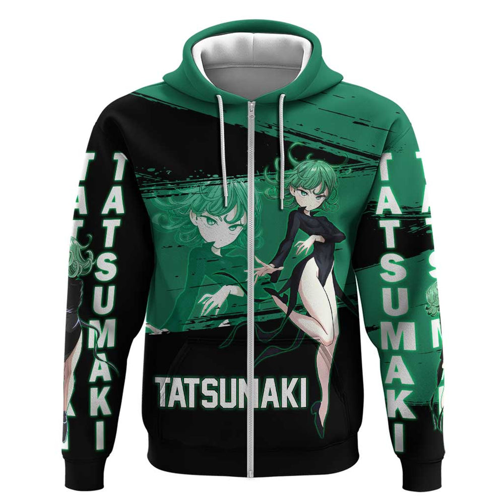 Tatsumaki One Punch Man Anime Green and Black Theme Hoodie with Psychic Power Effects and Bold Tatsumaki One Punch Man Anime Green and Black Theme Hoodie with Psychic Power Effects and Bold