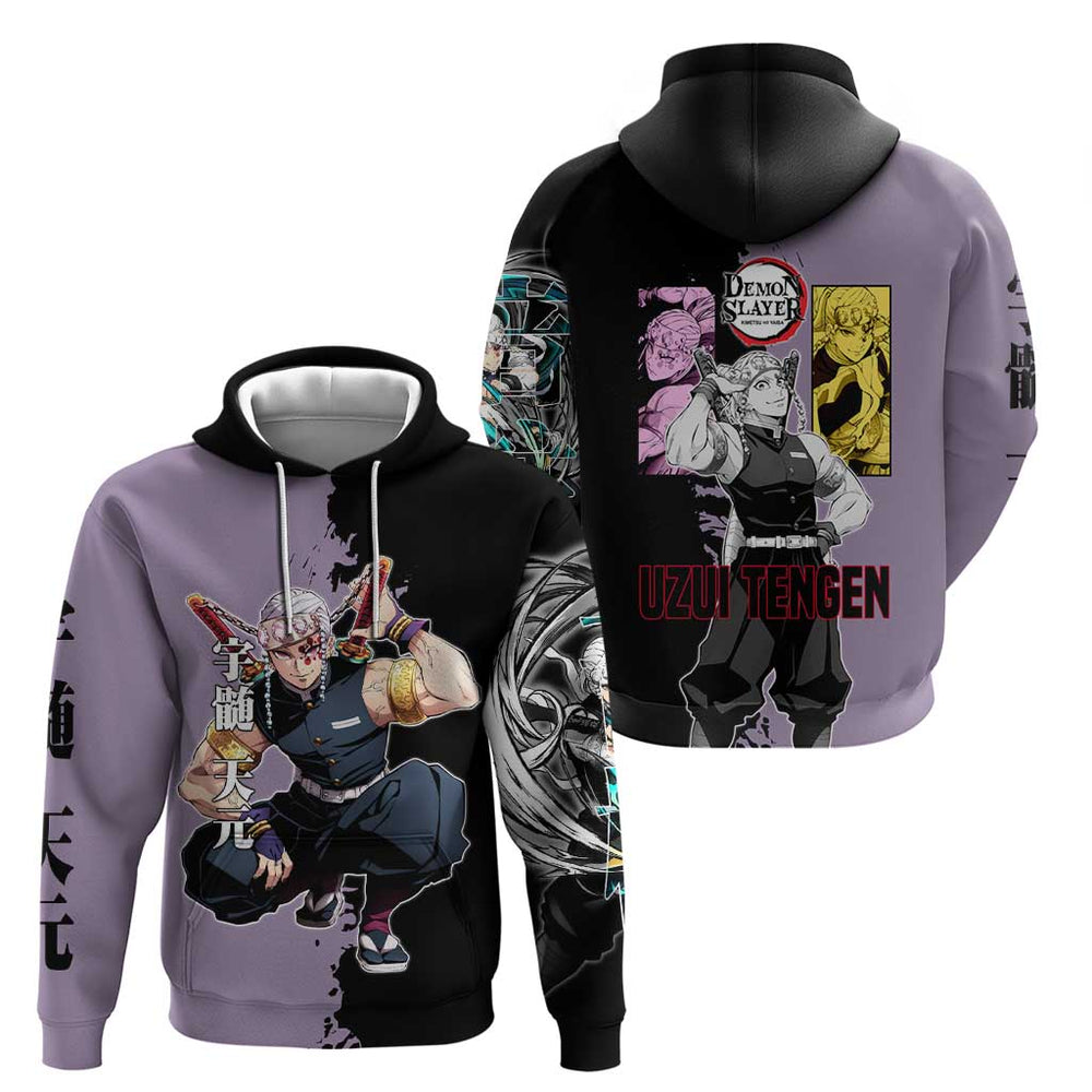 Tengen Uzui from Demon Slayer Hoodie with Purple and Black Split Design and Dual Sword Manga Panel L Tengen Uzui from Demon Slayer Hoodie with Purple and Black Split Design and Dual Sword Manga Panel L