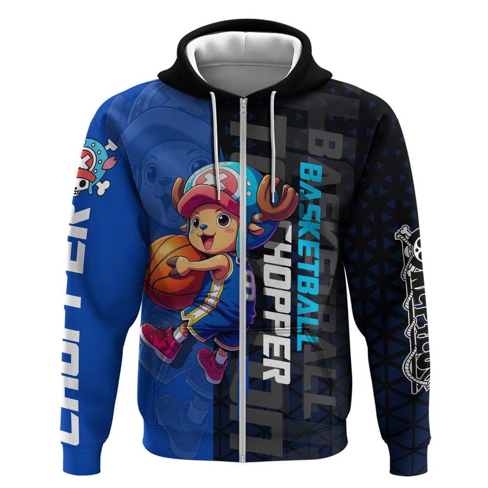 Tony Tony Chopper One Piece Basketball Theme Blue and Black Design Hoodie with Straw Hat Crew Emblem Tony Tony Chopper One Piece Basketball Theme Blue and Black Design Hoodie with Straw Hat Crew Emblem