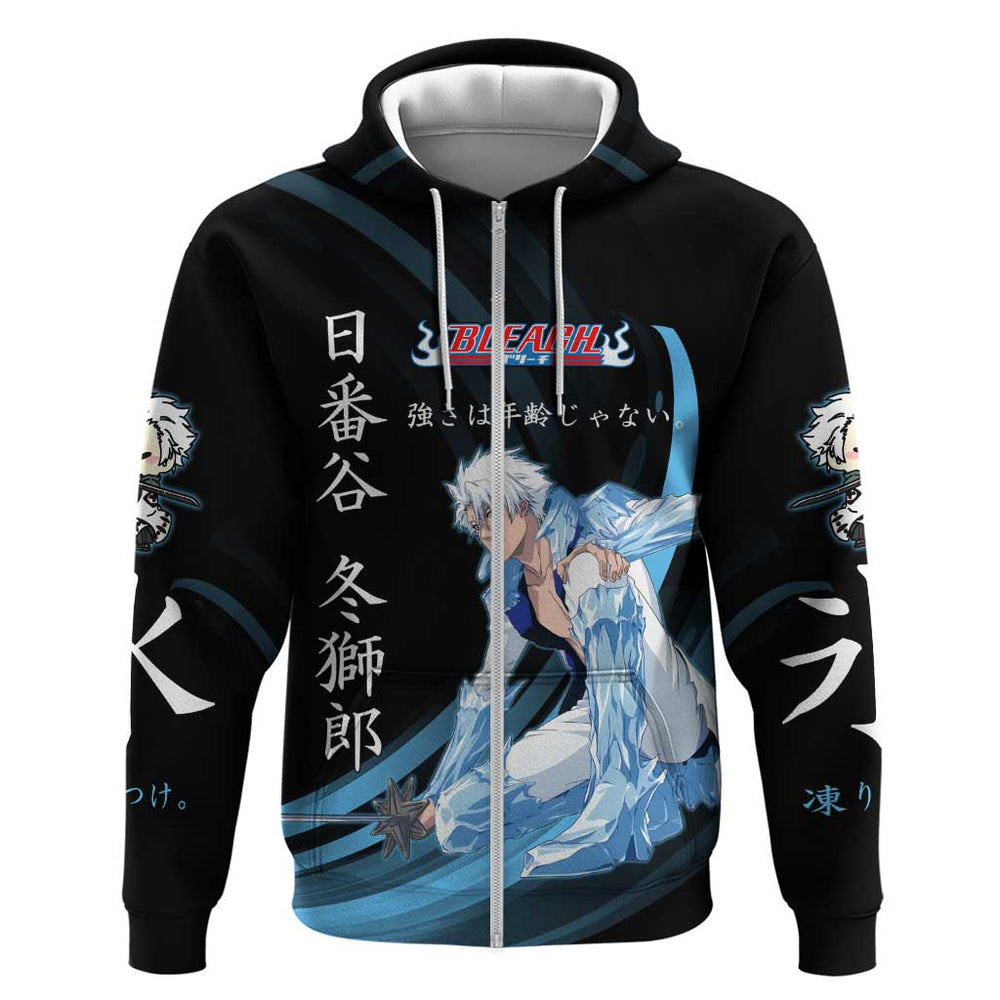Toshiro Hitsugaya Bleach Anime Black and Blue Theme Hoodie with Ice Dragon Elements and Japanese Quo Toshiro Hitsugaya Bleach Anime Black and Blue Theme Hoodie with Ice Dragon Elements and Japanese Quo
