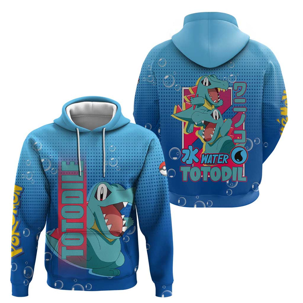 Totodile from Pok Hoodie with Water Type Power and Playful Pose Design Totodile from Pok Hoodie with Water Type Power and Playful Pose Design