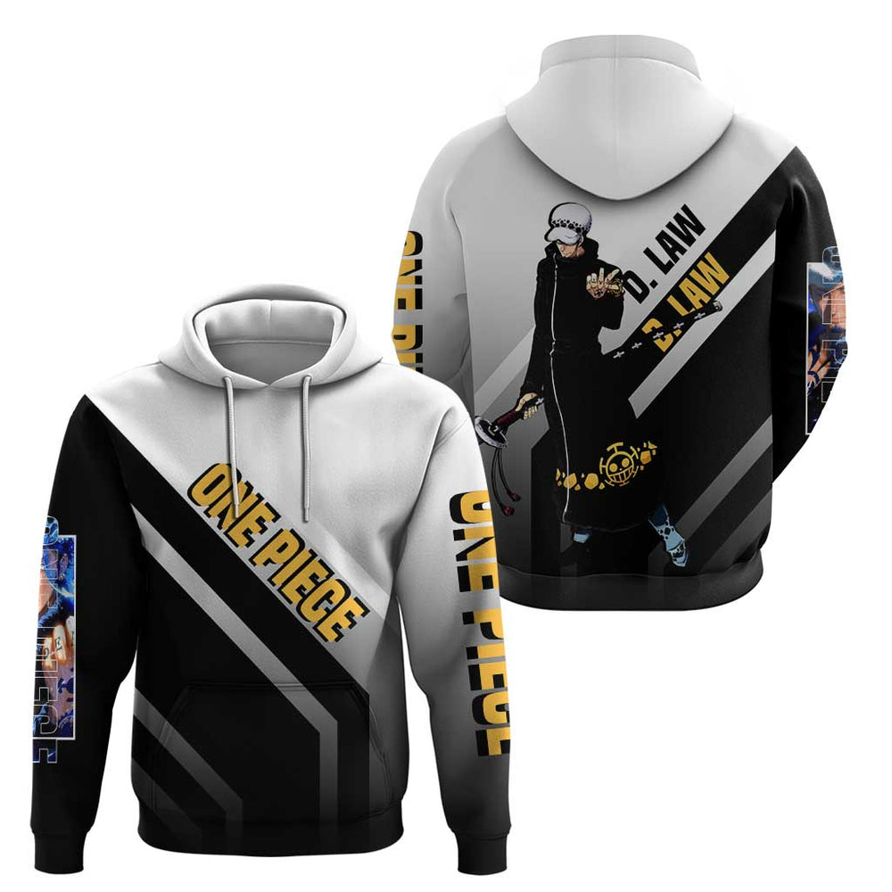 Trafalgar D. Law One Piece Hoodie with Sword and Strategic Battle Pose Design Trafalgar D. Law One Piece Hoodie with Sword and Strategic Battle Pose Design