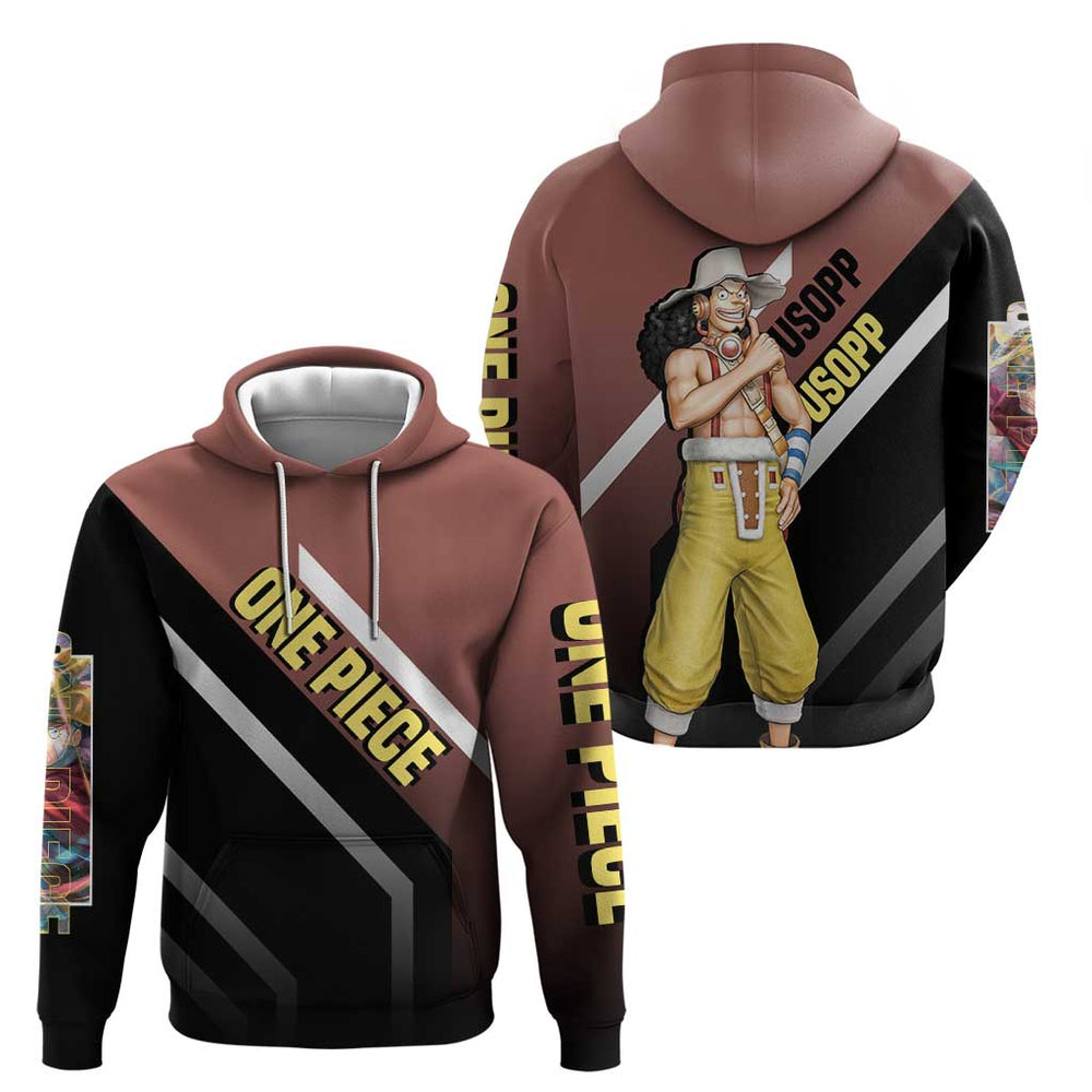 Usopp One Piece Hoodie with Slingshot and Courageous Adventure Pose Design Usopp One Piece Hoodie with Slingshot and Courageous Adventure Pose Design