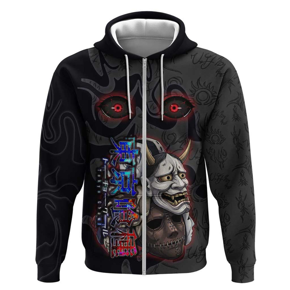 Uta Tokyo Ghoul Hoodie Dark Urban Tattoo Style with Oni Mask Elements Uta Tokyo Ghoul Hoodie Dark Urban Tattoo Style with Oni Mask Elements
