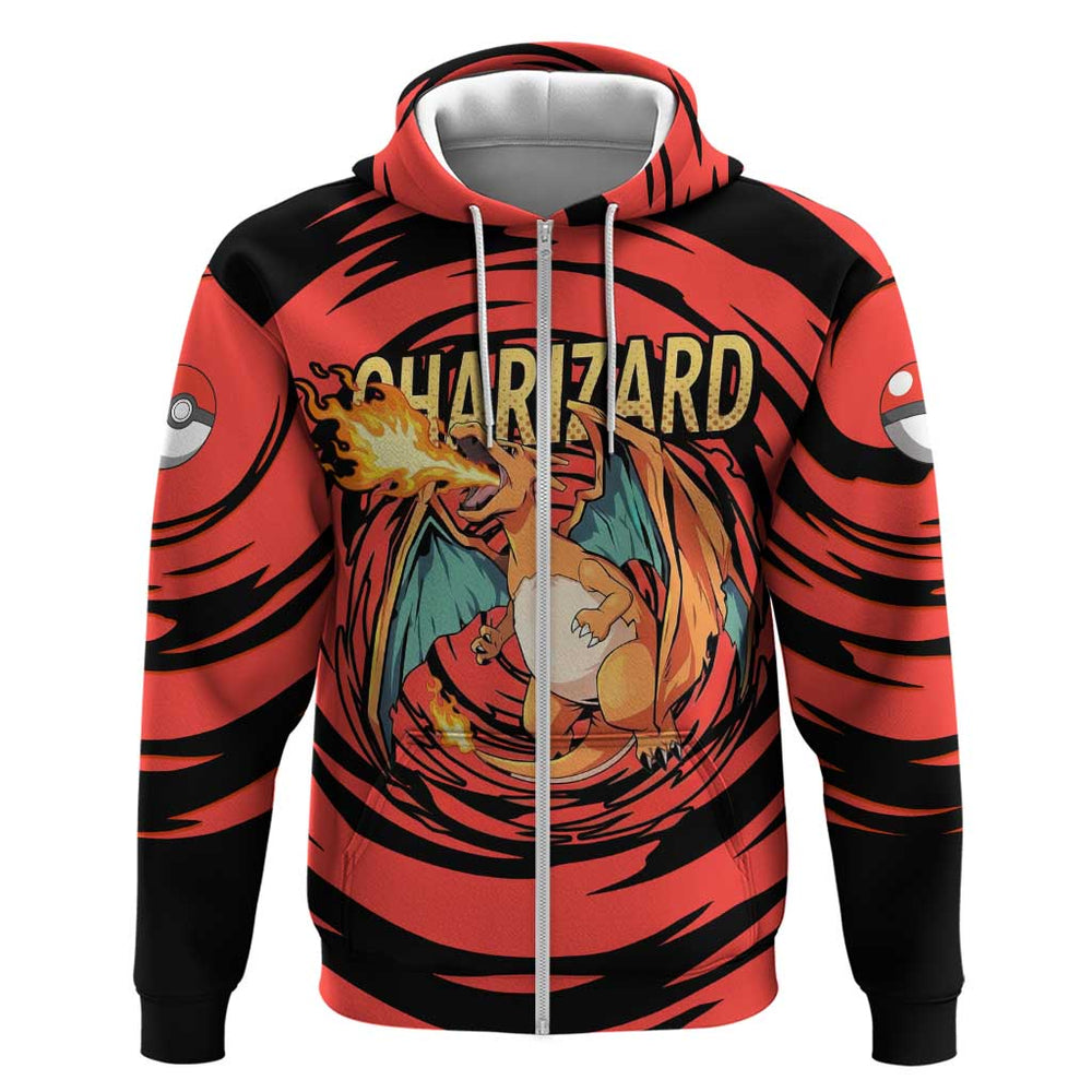 Charizard Pok mon Red and Black Swirl Design Hoodie with Flames Pok ball Accents and Dynamic Fire-Br Charizard Pok mon Red and Black Swirl Design Hoodie with Flames Pok ball Accents and Dynamic Fire-Br