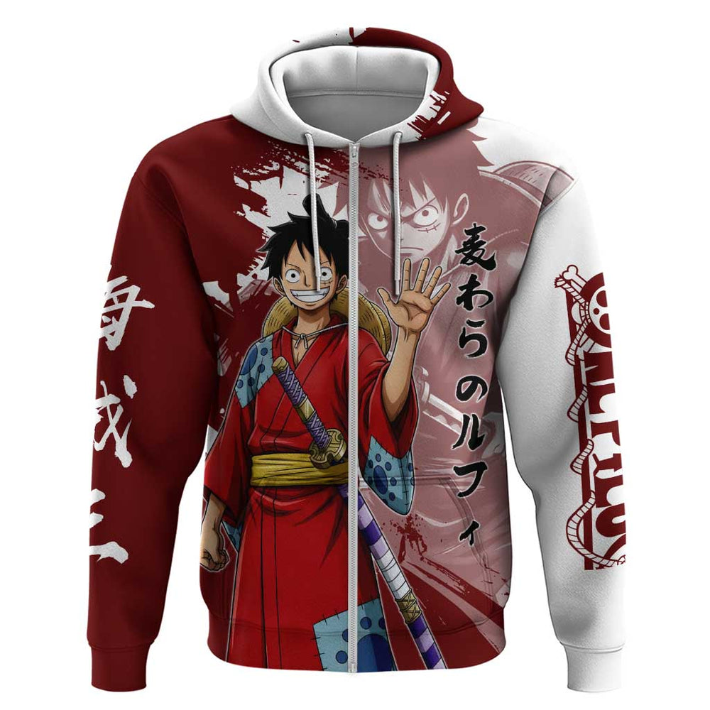 Wano Samurai Luffy Hoodie One Piece Warrior Straw Hat Wano Samurai Luffy Hoodie One Piece Warrior Straw Hat