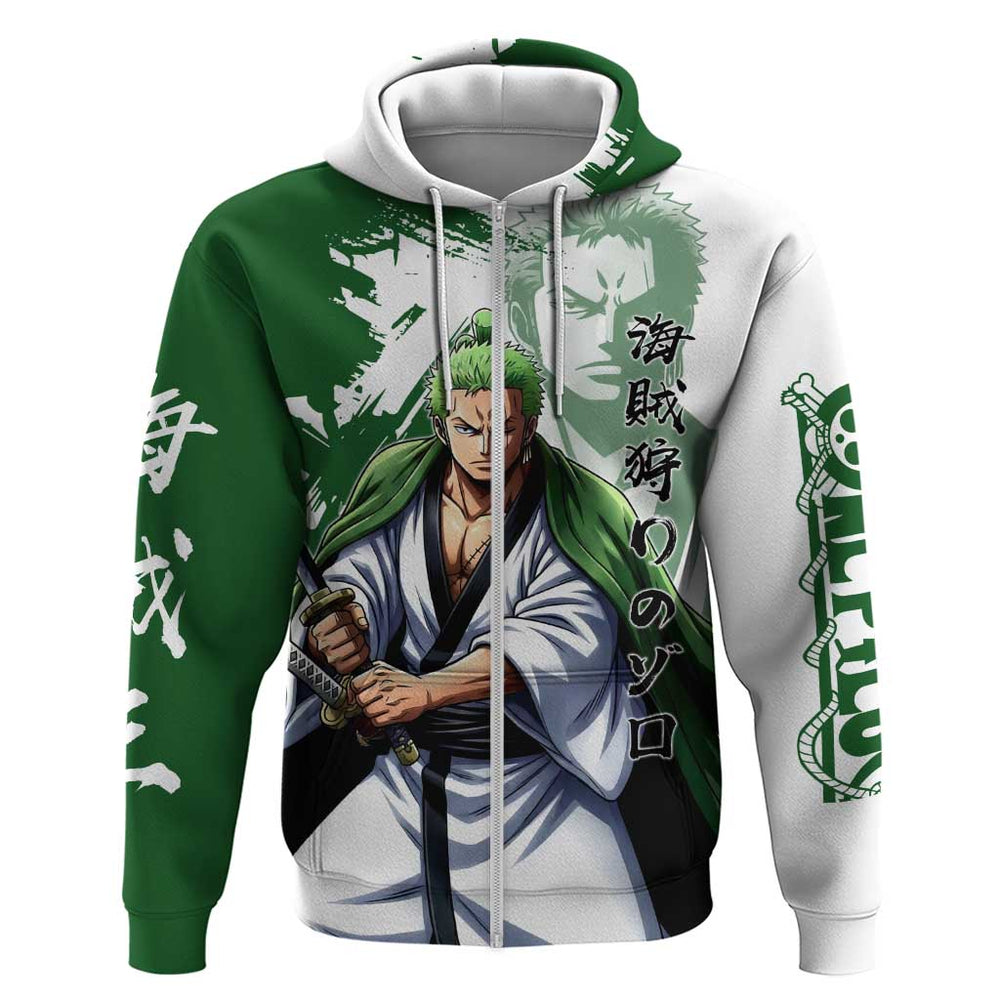 Wano Samurai Roronoa Zoro Hoodie Bold Ink Brush Anime Style Wano Samurai Roronoa Zoro Hoodie Bold Ink Brush Anime Style
