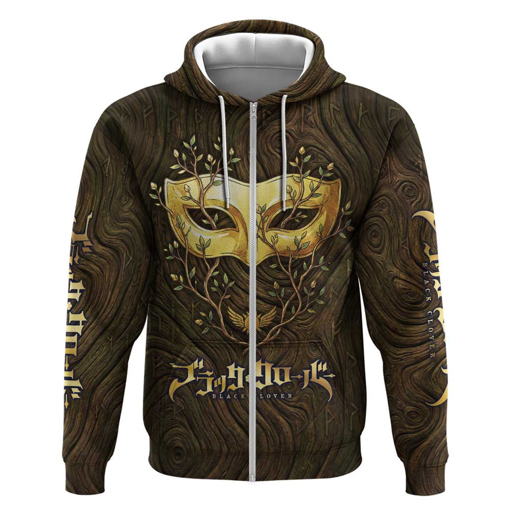 William Vangeance Black Clover Hoodie Enchanted Woodgrain Style with Duality and Golden Mask Motif William Vangeance Black Clover Hoodie Enchanted Woodgrain Style with Duality and Golden Mask Motif