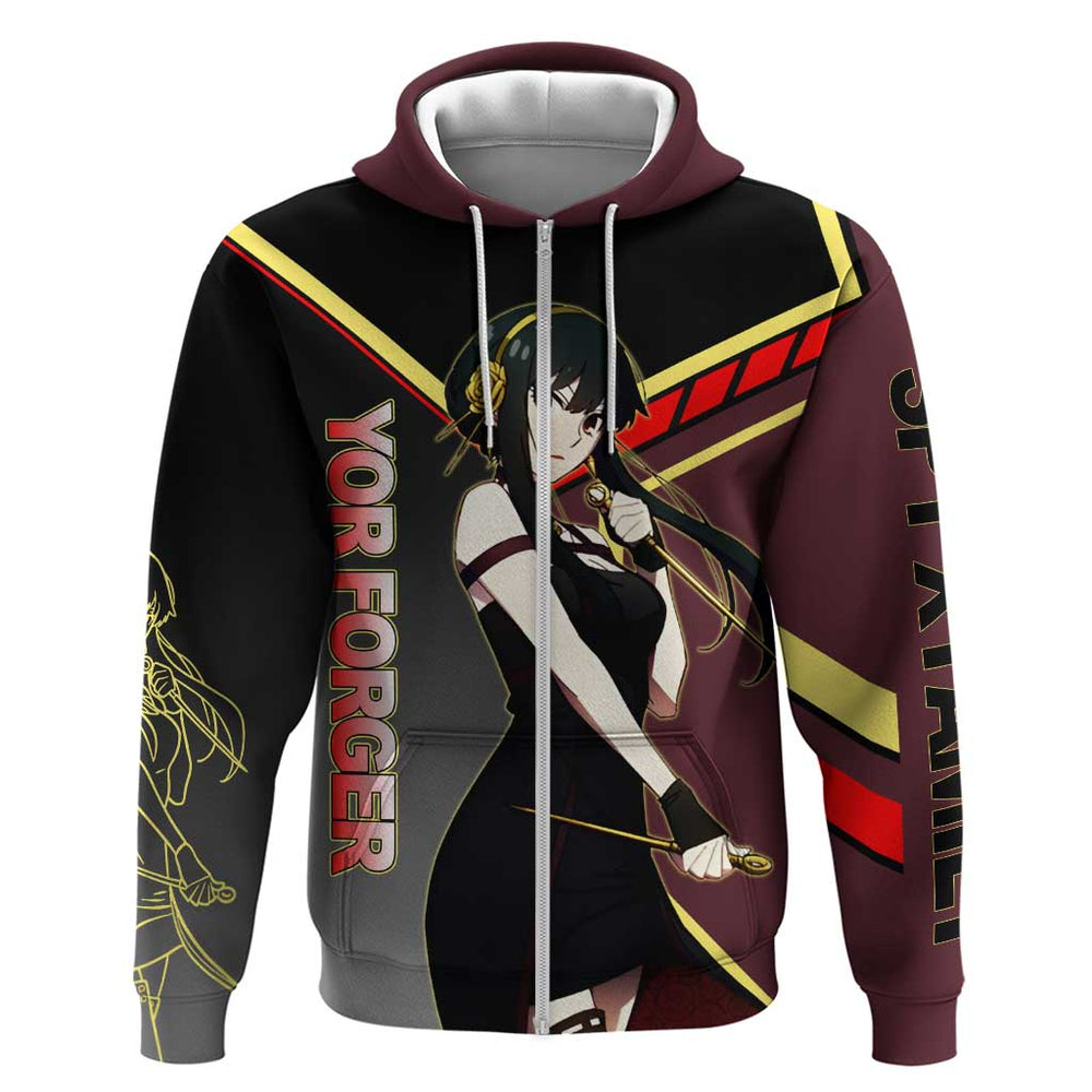 Yor Forger Spy x Family Red and Black Assassin Theme Hoodie with Elegant Weapon Pose and Bold Color Yor Forger Spy x Family Red and Black Assassin Theme Hoodie with Elegant Weapon Pose and Bold Color