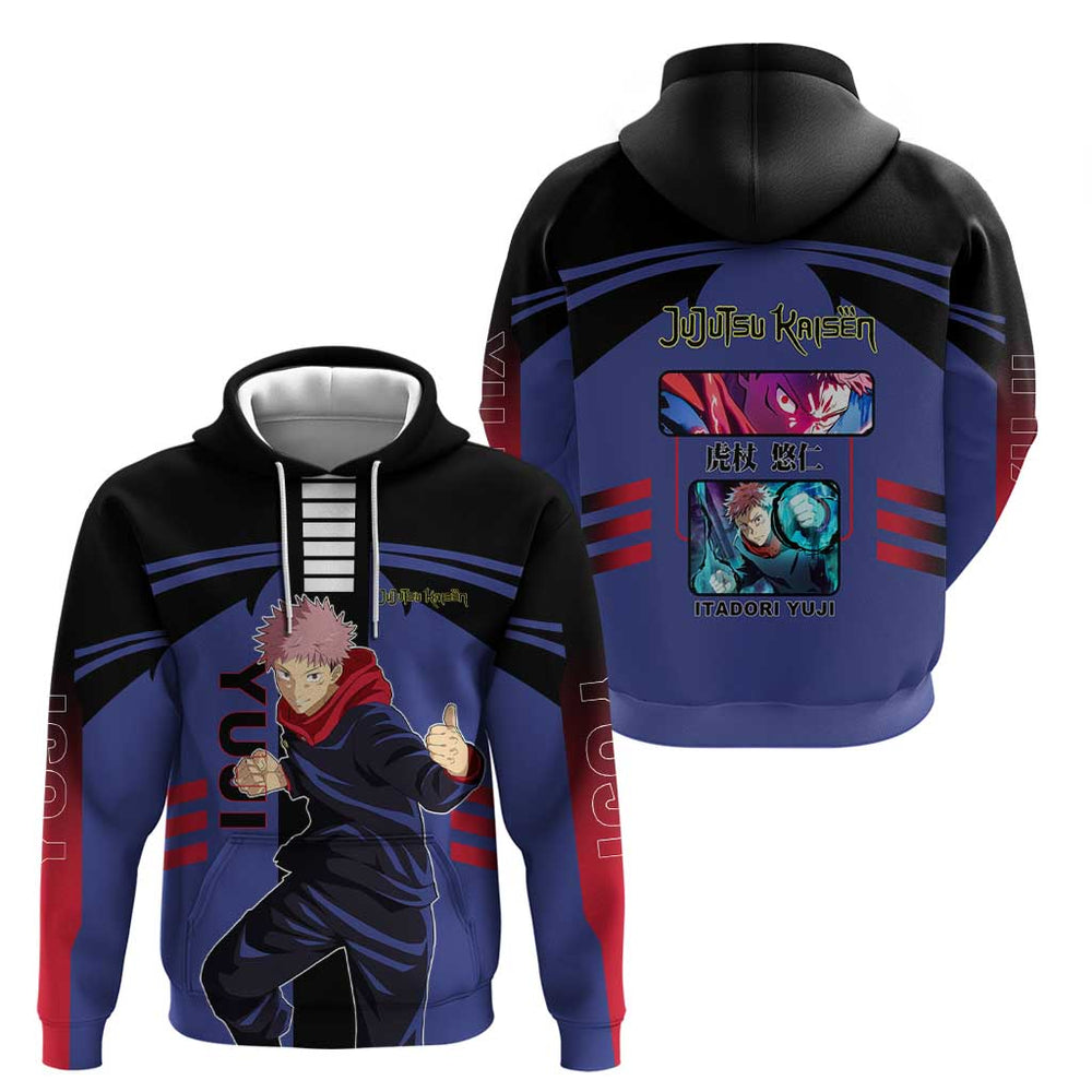 Yuji Itadori from Jujutsu Kaisen Hoodie with Cursed Energy and Dynamic Fighting Pose Design Yuji Itadori from Jujutsu Kaisen Hoodie with Cursed Energy and Dynamic Fighting Pose Design