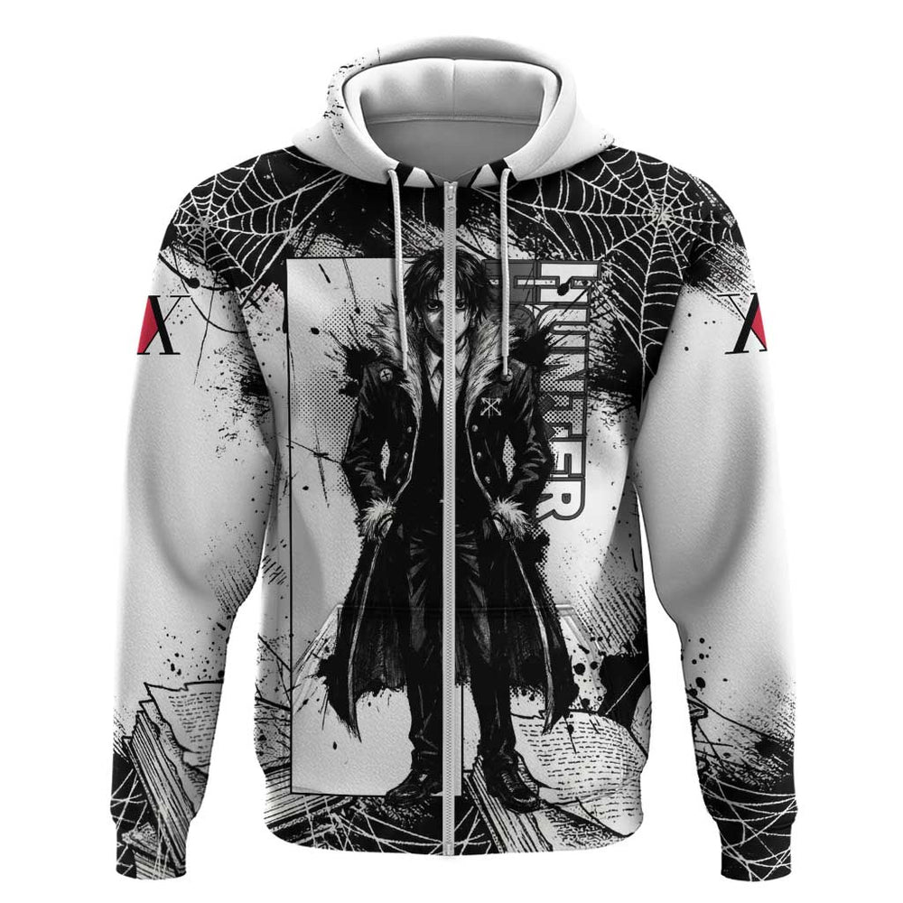 Chrollo Lucilfer Gothic Style Hoodie with Spider Webs Grimoire Illustration and Monochrome Design Chrollo Lucilfer Gothic Style Hoodie with Spider Webs Grimoire Illustration and Monochrome Design