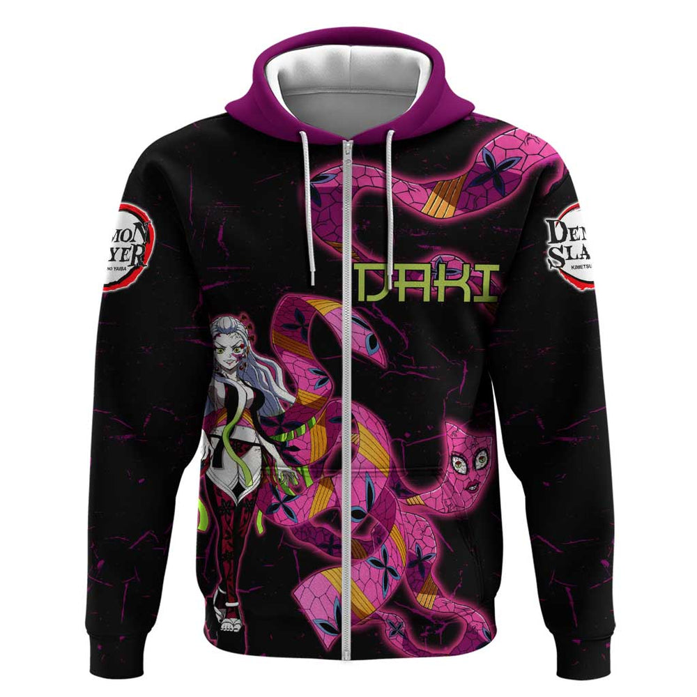 Daki Demon Slayer Theme Hoodie with Obi Sash Design and Neon Pink Green Graphic Elements Daki Demon Slayer Theme Hoodie with Obi Sash Design and Neon Pink Green Graphic Elements