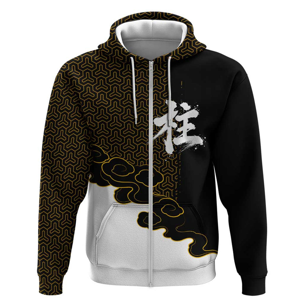 Demon Slayer Hashira Group Design Hoodie with Gold Cloud Pattern and Stylized Kanji Motif Demon Slayer Hashira Group Design Hoodie with Gold Cloud Pattern and Stylized Kanji Motif