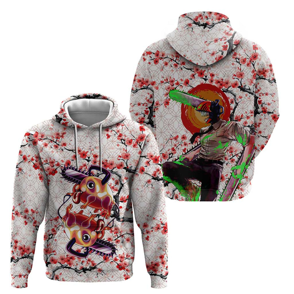 Denji x Pochita Chainsaw Man Hoodie Anime Mix Cherry Blossom Style Denji x Pochita Chainsaw Man Hoodie Anime Mix Cherry Blossom Style