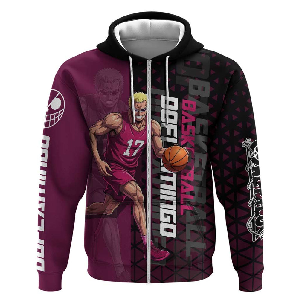 Donquixote Doflamingo One Piece Basketball Theme Maroon and Black Design Hoodie with Smiling Emblem Donquixote Doflamingo One Piece Basketball Theme Maroon and Black Design Hoodie with Smiling Emblem