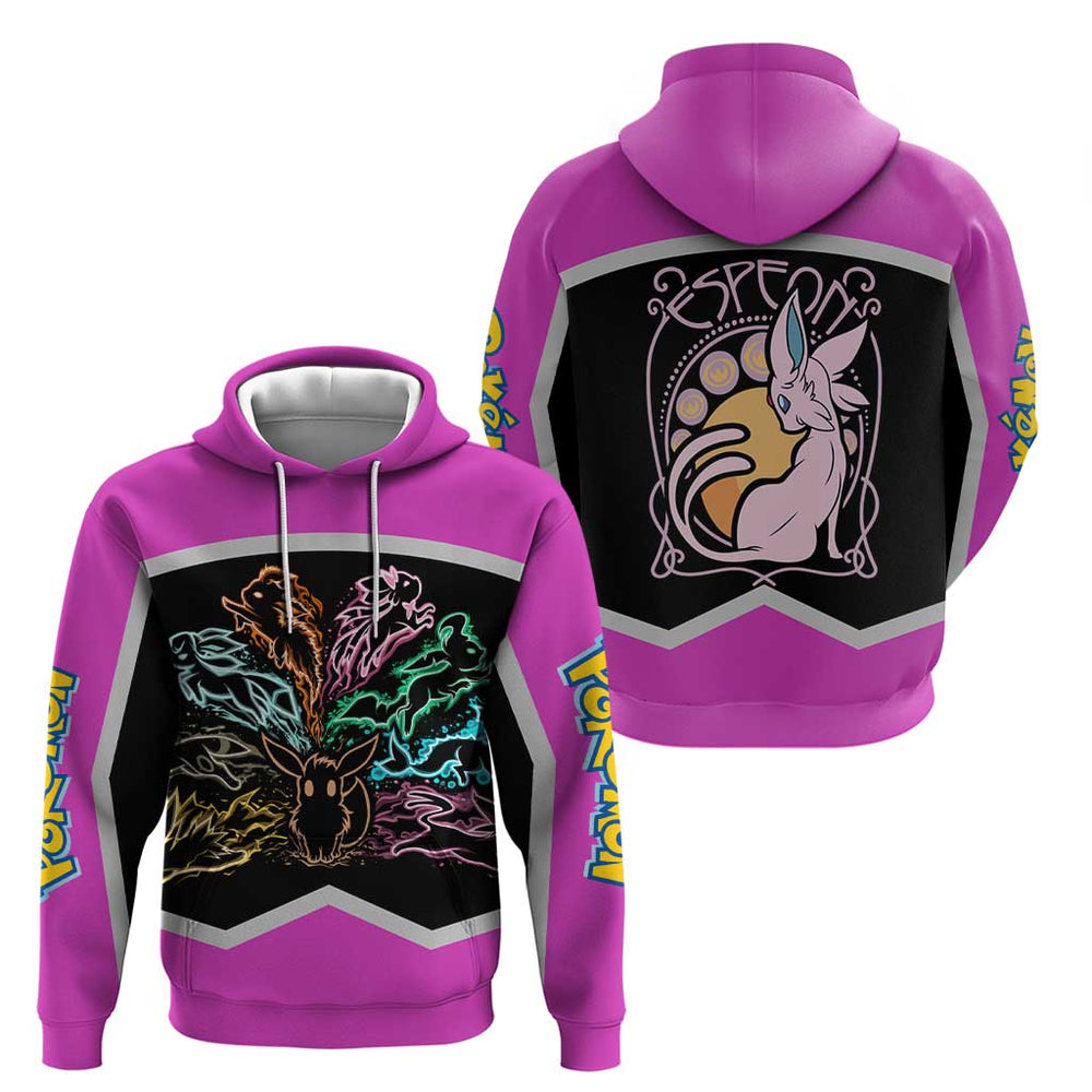 Espeon and Eeveelutions Hoodie with Neon Elemental Designs and Pink Pok mon Theme Espeon and Eeveelutions Hoodie with Neon Elemental Designs and Pink Pok mon Theme