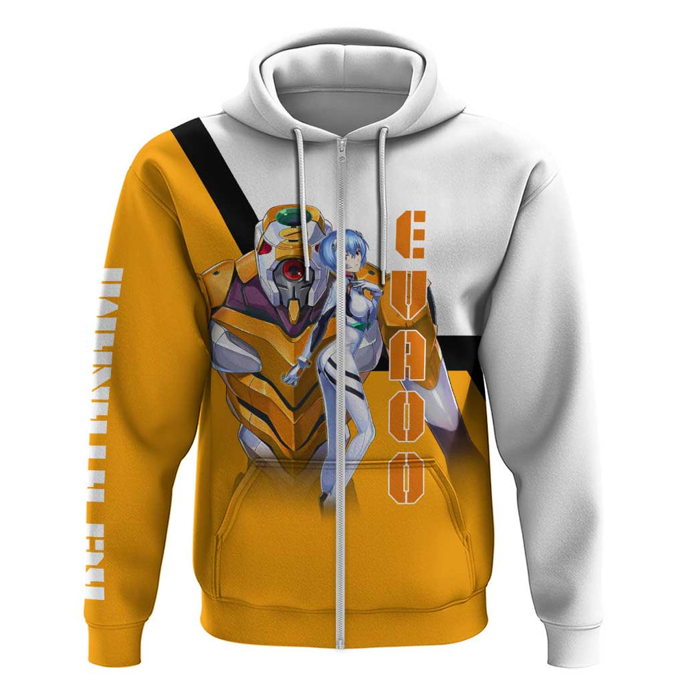 Evangelion EVA-00 and Rei Ayanami Yellow and White Hoodie Design with Mecha and Character Artwork Evangelion EVA-00 and Rei Ayanami Yellow and White Hoodie Design with Mecha and Character Artwork