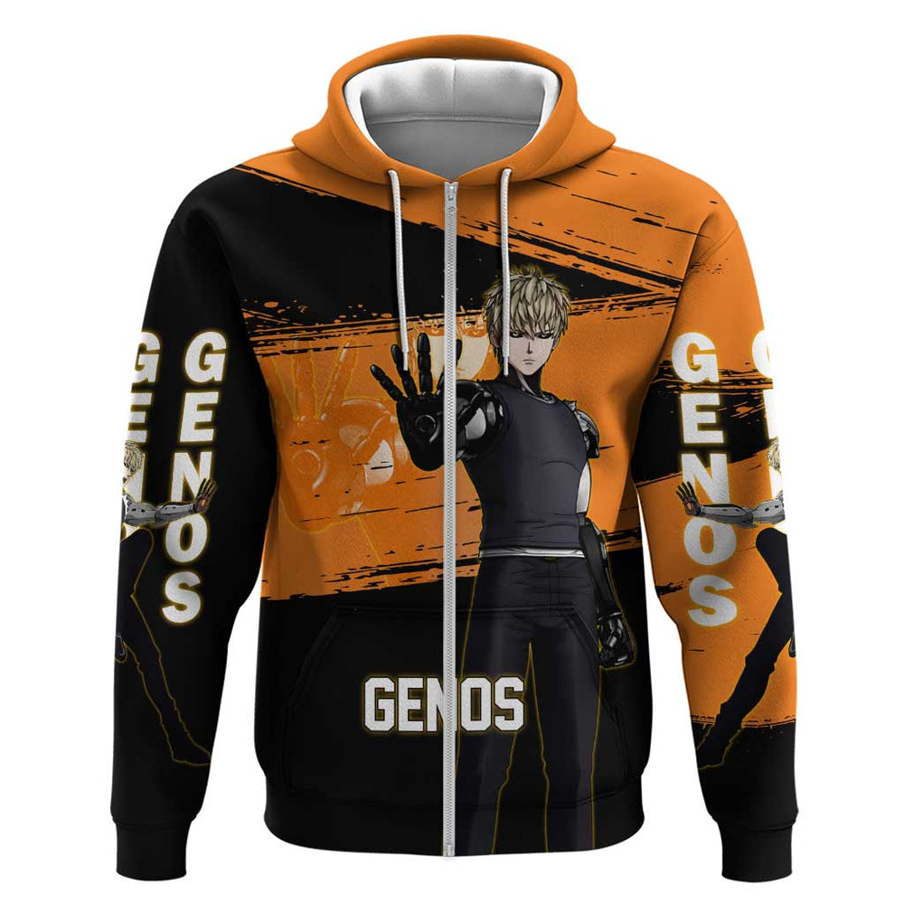 Genos One Punch Man Anime Orange and Black Theme Hoodie with Cyborg Arm Blast and Intense Action Pos Genos One Punch Man Anime Orange and Black Theme Hoodie with Cyborg Arm Blast and Intense Action Pos