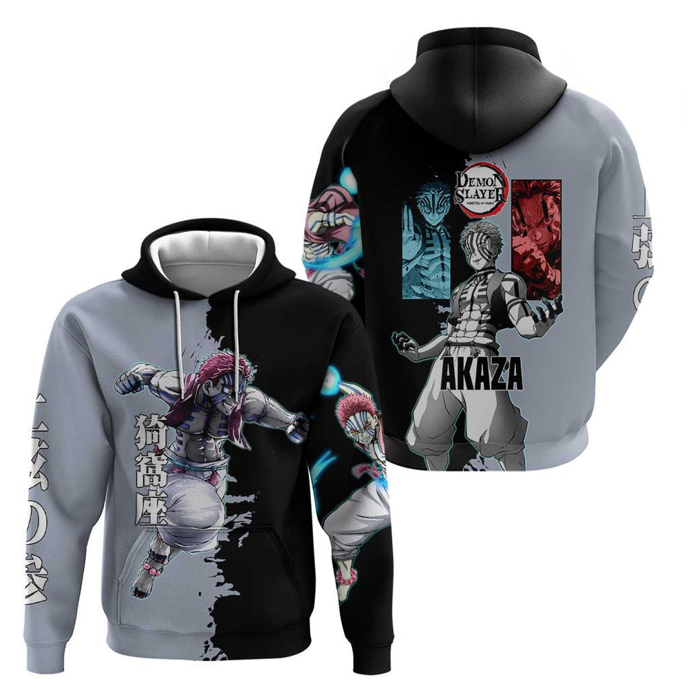 Akaza from Demon Slayer Hoodie with Split Color Background and Martial Arts Pose Manga Style Design Akaza from Demon Slayer Hoodie with Split Color Background and Martial Arts Pose Manga Style Design