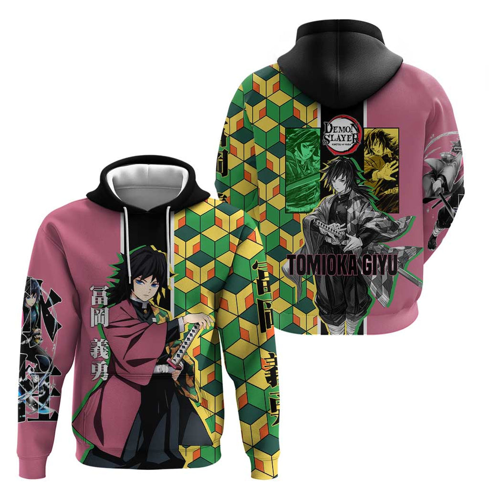 Giyu Tomioka from Demon Slayer Hoodie with Geometric Pattern Sleeve and Pink and Black Manga Panel D Giyu Tomioka from Demon Slayer Hoodie with Geometric Pattern Sleeve and Pink and Black Manga Panel D