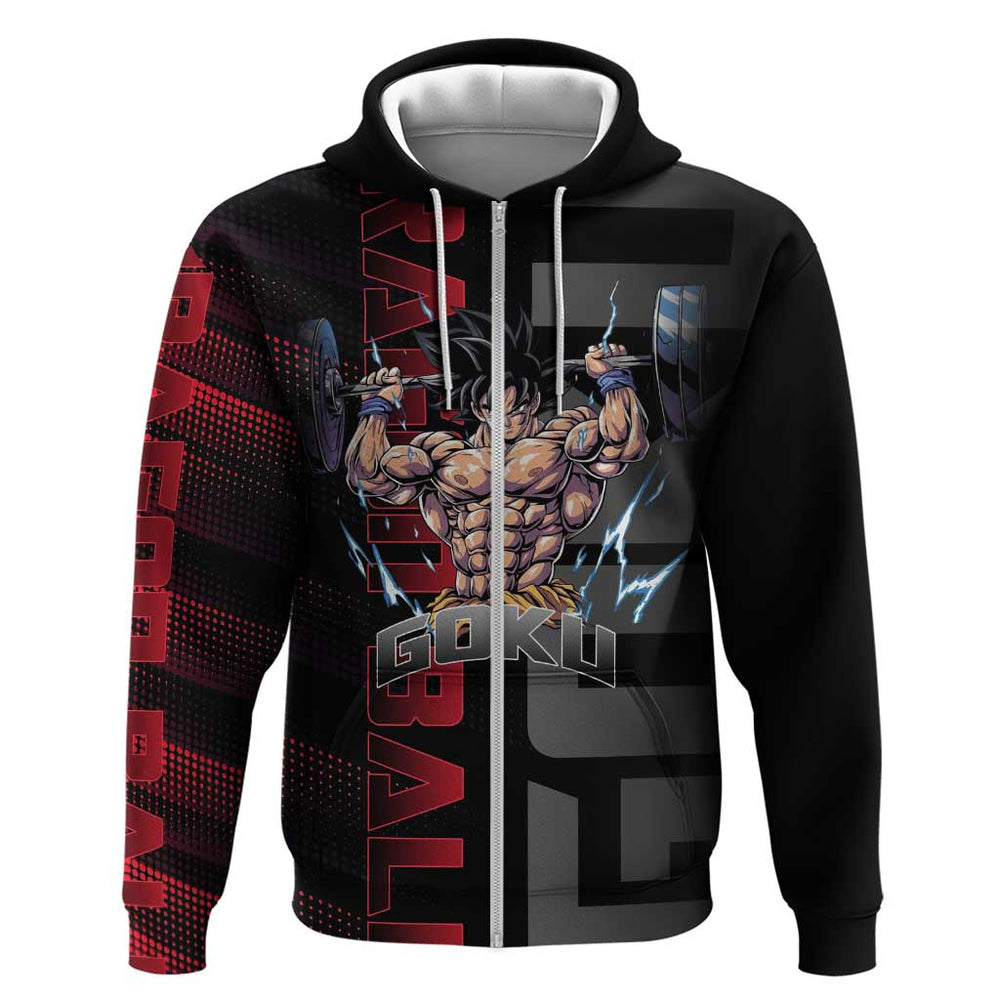 Goku Gym Theme Black and Red Design Hoodie with Dumbbell Lightning Art and Muscle Training Pose Goku Gym Theme Black and Red Design Hoodie with Dumbbell Lightning Art and Muscle Training Pose