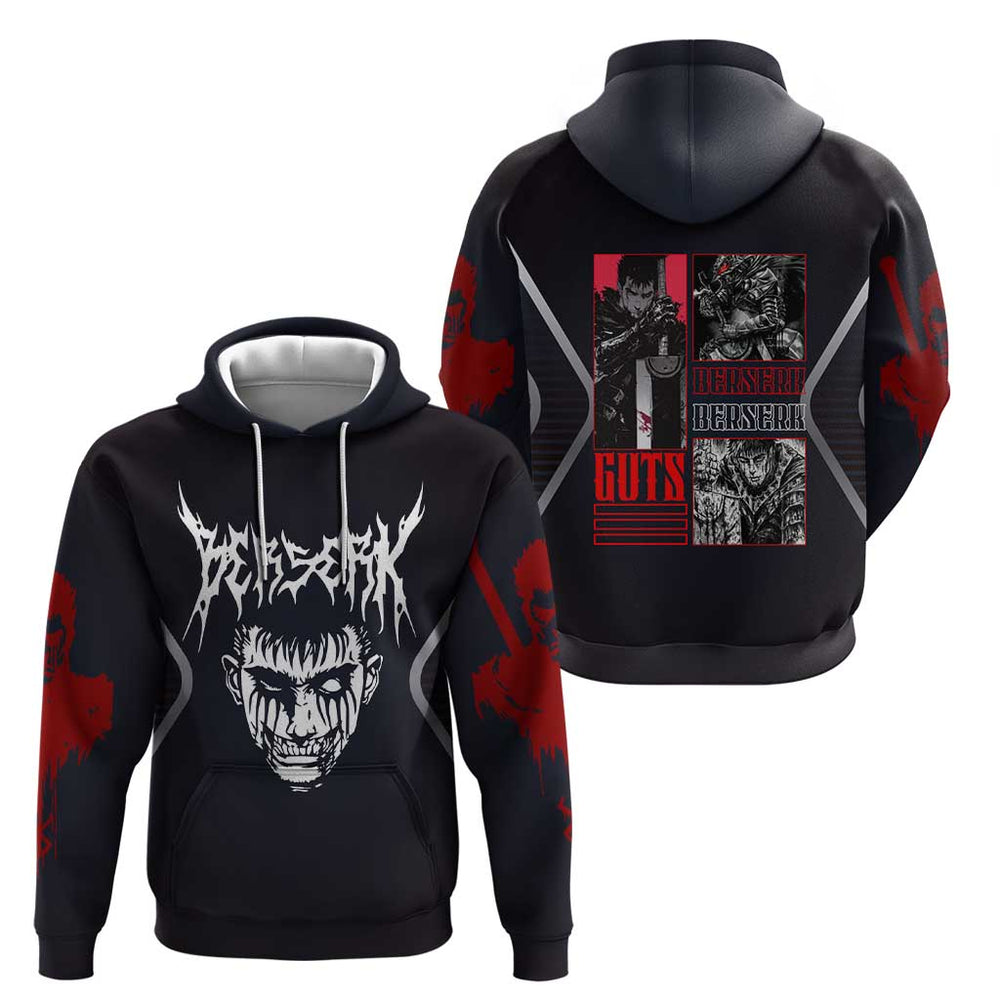 Guts Berserk Hoodie with Black Red Dark Theme and Fierce Warrior Anime Design Guts Berserk Hoodie with Black Red Dark Theme and Fierce Warrior Anime Design