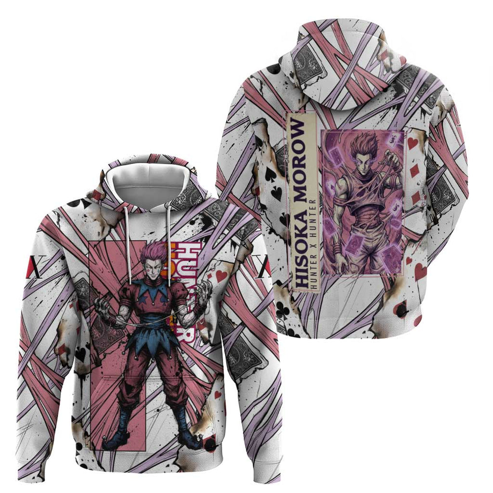 Hisoka Morow Playing Card Theme Hoodie with Magic Aura and Artistic Anime Illustration Hisoka Morow Playing Card Theme Hoodie with Magic Aura and Artistic Anime Illustration
