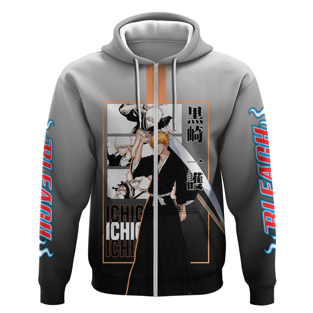 Ichigo Kurosaki Bleach Hoodie with Bankai Sword and Intense Battle Pose Design Ichigo Kurosaki Bleach Hoodie with Bankai Sword and Intense Battle Pose Design