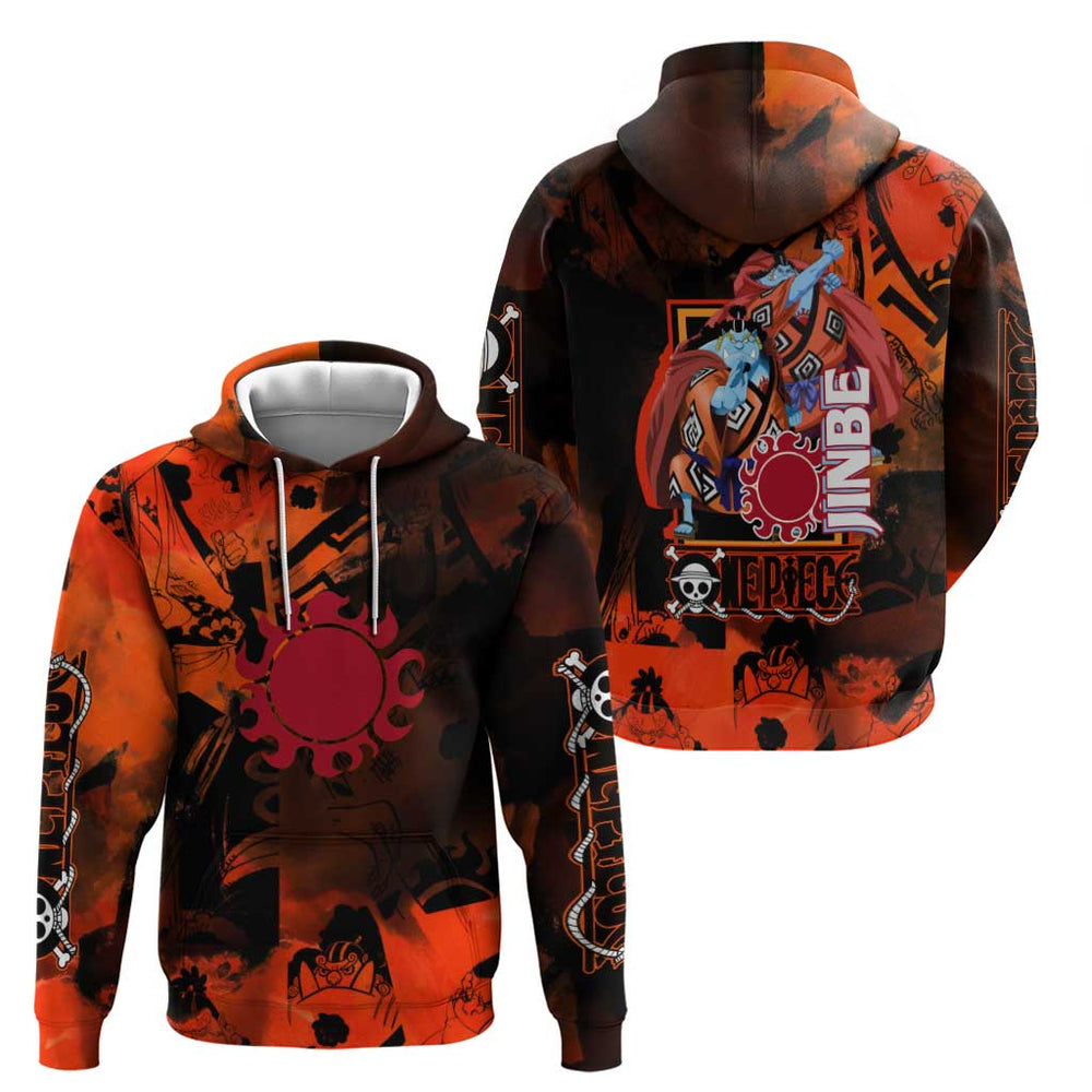 Jinbe One Piece Red and Black Theme Hoodie with Sun Pirates Emblem and Karate Pose Design Jinbe One Piece Red and Black Theme Hoodie with Sun Pirates Emblem and Karate Pose Design