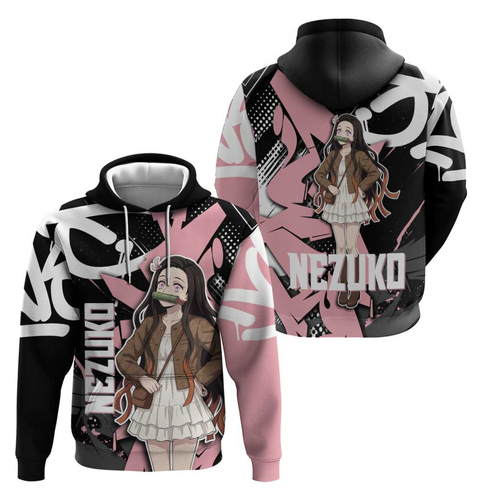 Kamado Nezuko Demon Slayer Hoodie Pink Black Graffiti Anime Graphic Kamado Nezuko Demon Slayer Hoodie Pink Black Graffiti Anime Graphic