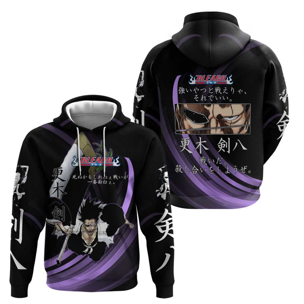 Kenpachi Zaraki Bleach Anime Black and Purple Theme Hoodie with Battle Stance and Japanese Quote Des Kenpachi Zaraki Bleach Anime Black and Purple Theme Hoodie with Battle Stance and Japanese Quote Des