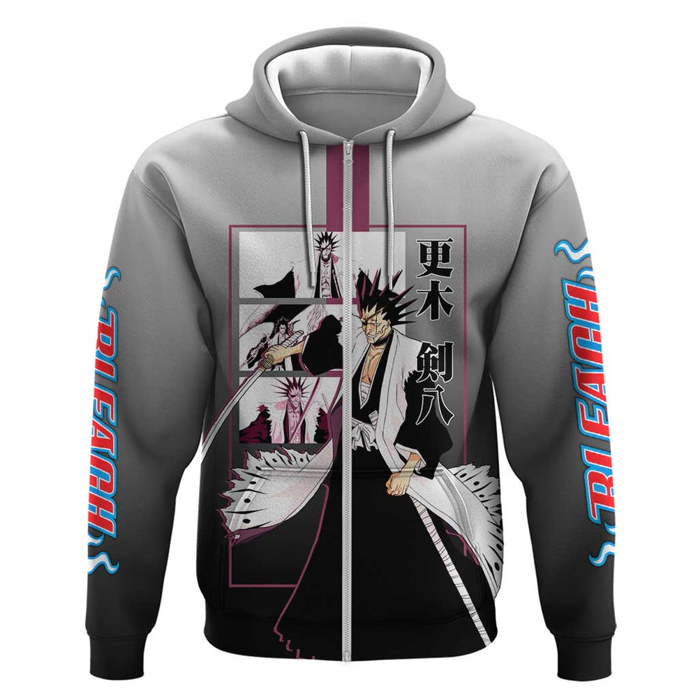 Kenpachi Zaraki Bleach Hoodie with Zanpakuto and Fierce Battle Pose Design Kenpachi Zaraki Bleach Hoodie with Zanpakuto and Fierce Battle Pose Design