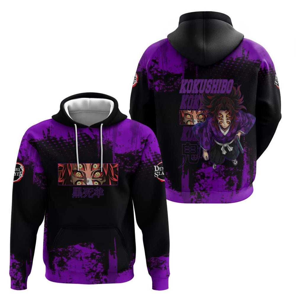 Kokushibo Demon Slayer Purple Grunge Design Hoodie with Six Eyes Detail and Sword Pose Kokushibo Demon Slayer Purple Grunge Design Hoodie with Six Eyes Detail and Sword Pose