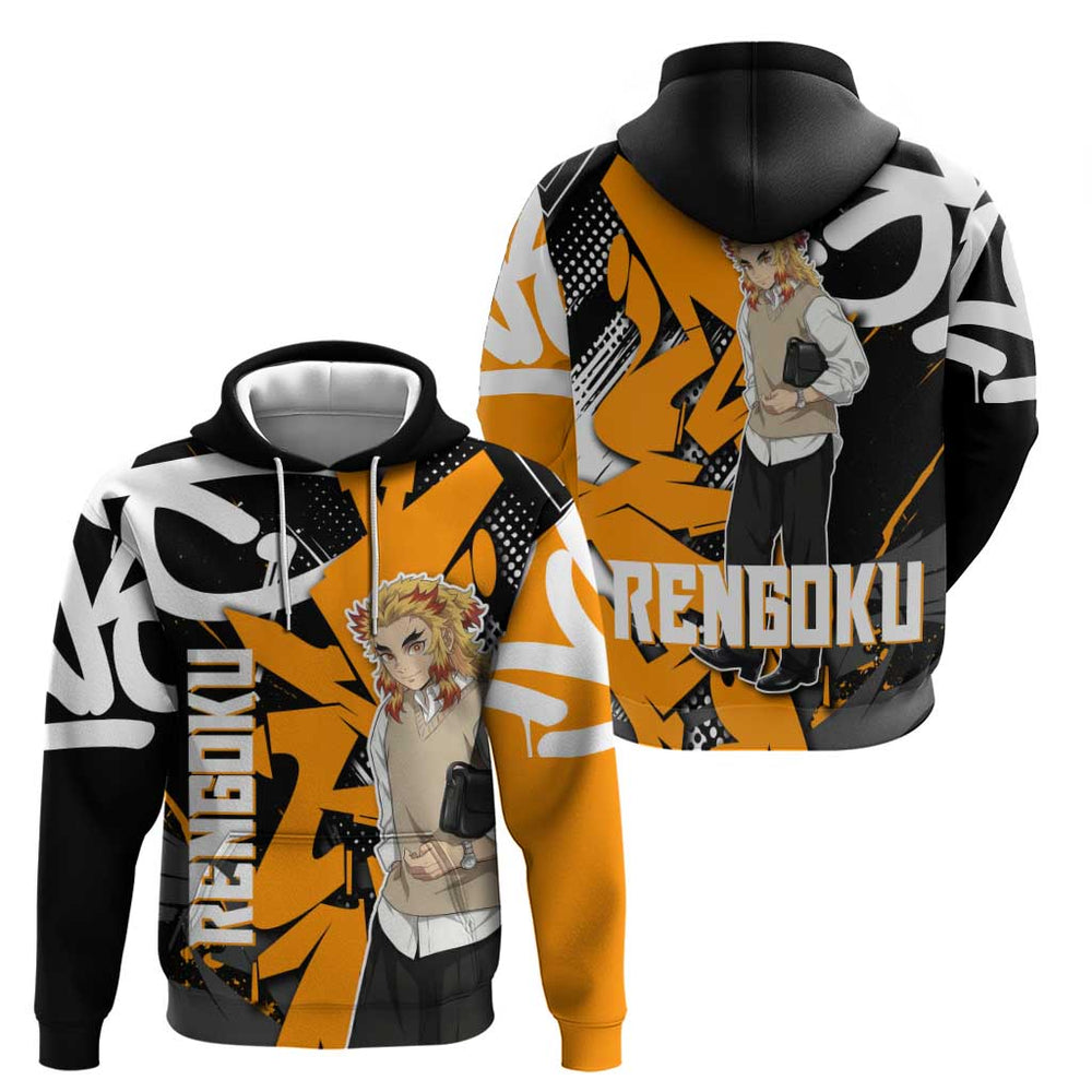 Kyojuro Rengoku Demon Slayer Hoodie Orange Black Graffiti Anime Kyojuro Rengoku Demon Slayer Hoodie Orange Black Graffiti Anime