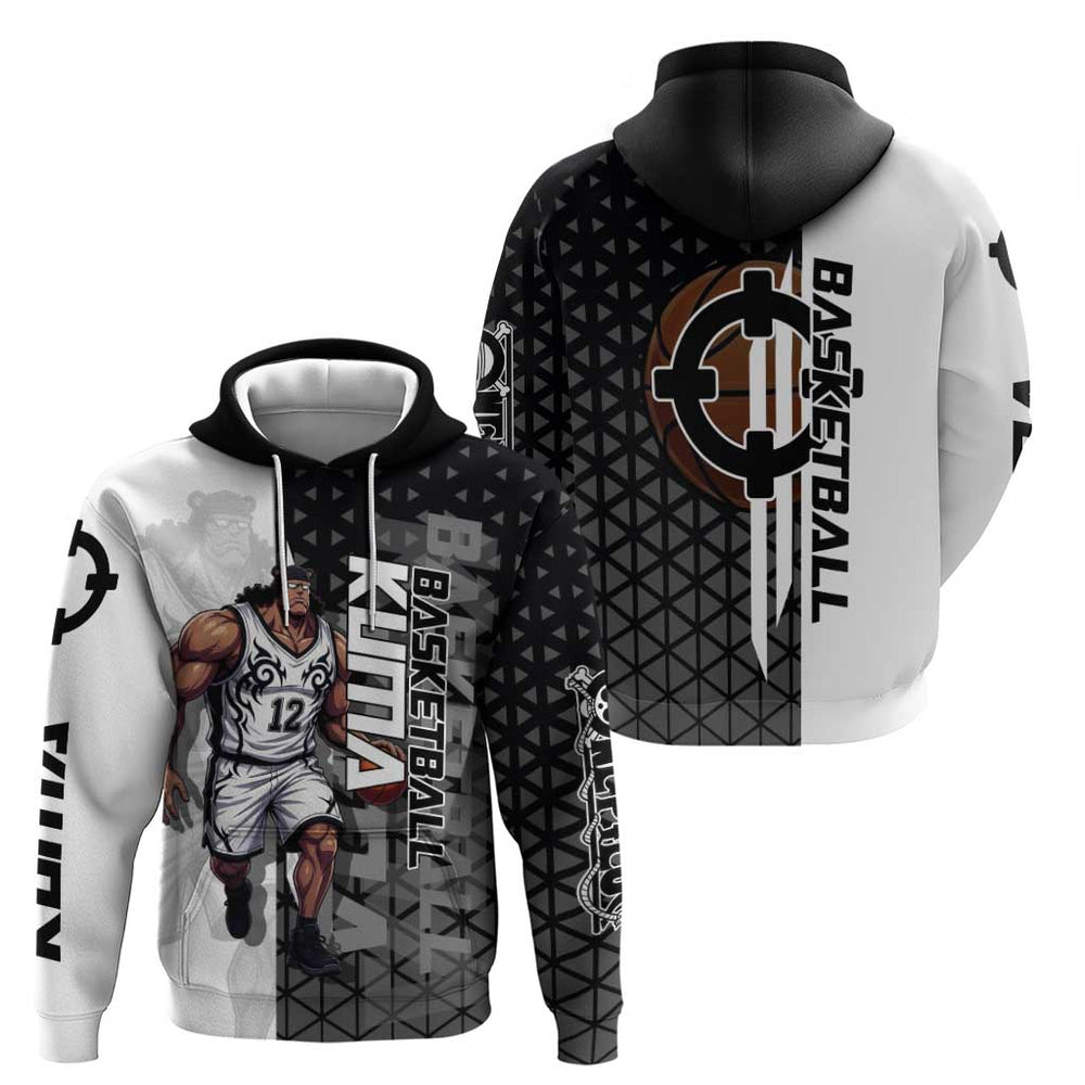 Bartholomew Kuma One Piece Basketball Crossover Design Hoodie with Monochrome Geometric Background a Bartholomew Kuma One Piece Basketball Crossover Design Hoodie with Monochrome Geometric Background a