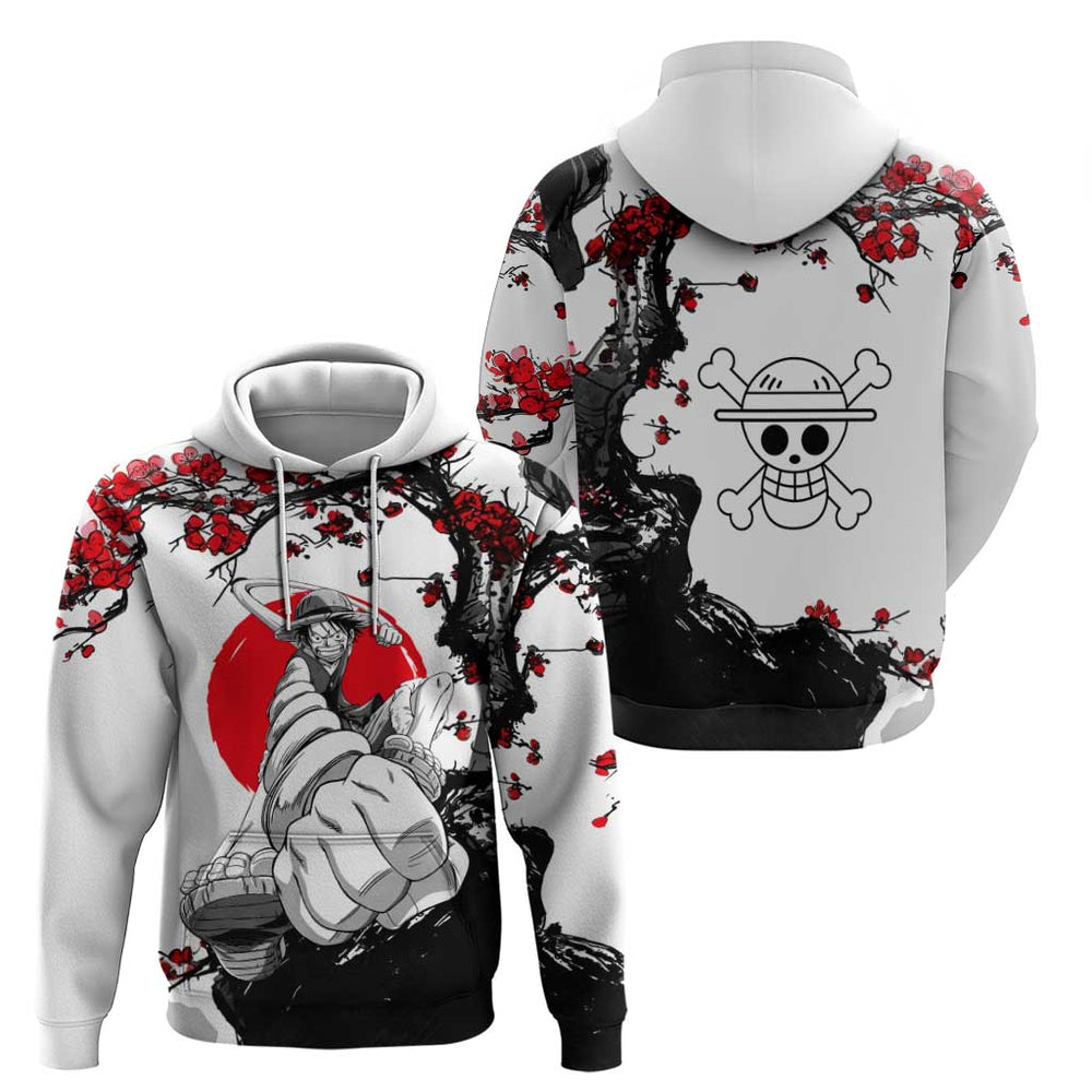 Luffy Gear 3 One Piece Anime White and Red Japanese Art Style Hoodie with Cherry Blossom Tree and St Luffy Gear 3 One Piece Anime White and Red Japanese Art Style Hoodie with Cherry Blossom Tree and St