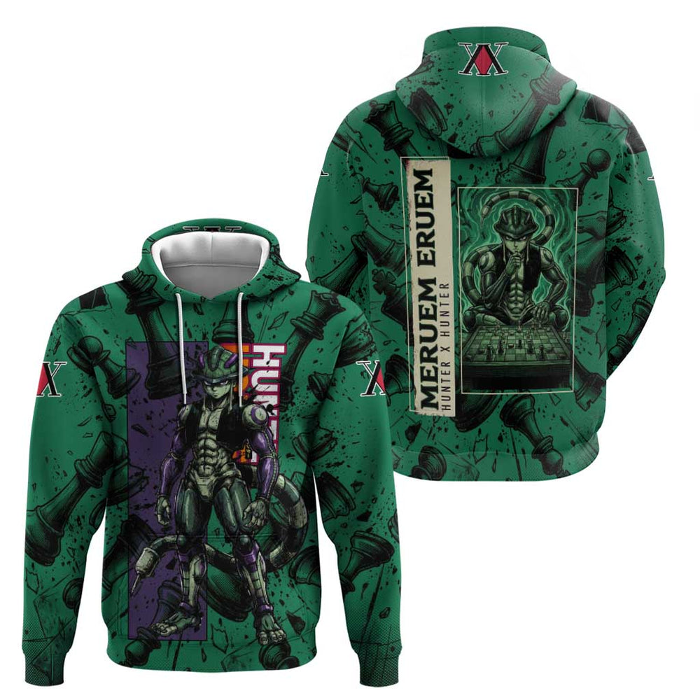 Meruem Chess Theme Hoodie with Dark Aura and Strategic Anime Artwork Design Meruem Chess Theme Hoodie with Dark Aura and Strategic Anime Artwork Design