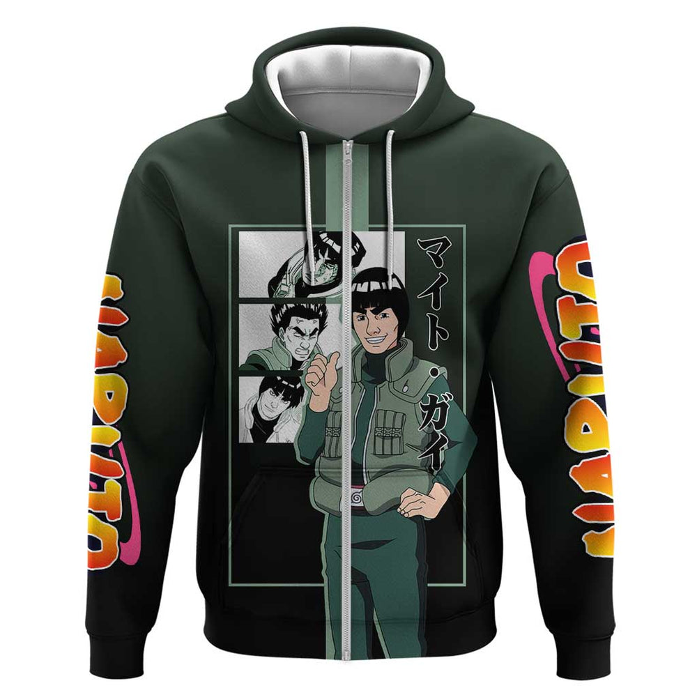 Might Guy Naruto Hoodie with Green Jumpsuit and Energetic Taijutsu Pose Design Might Guy Naruto Hoodie with Green Jumpsuit and Energetic Taijutsu Pose Design