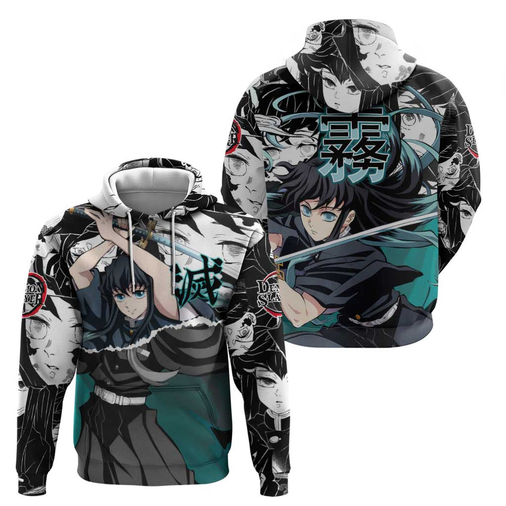 Muichiro Tokito Demon Slayer Mist Hashira Design Hoodie with Manga Panels and Teal Sword Art Muichiro Tokito Demon Slayer Mist Hashira Design Hoodie with Manga Panels and Teal Sword Art