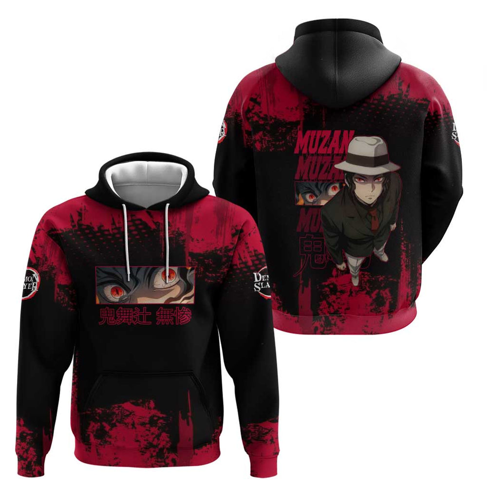 Muzan Kibutsuji Demon Slayer Red Grunge Design Hoodie with Intense Eyes and Hat Outfit Pose Muzan Kibutsuji Demon Slayer Red Grunge Design Hoodie with Intense Eyes and Hat Outfit Pose