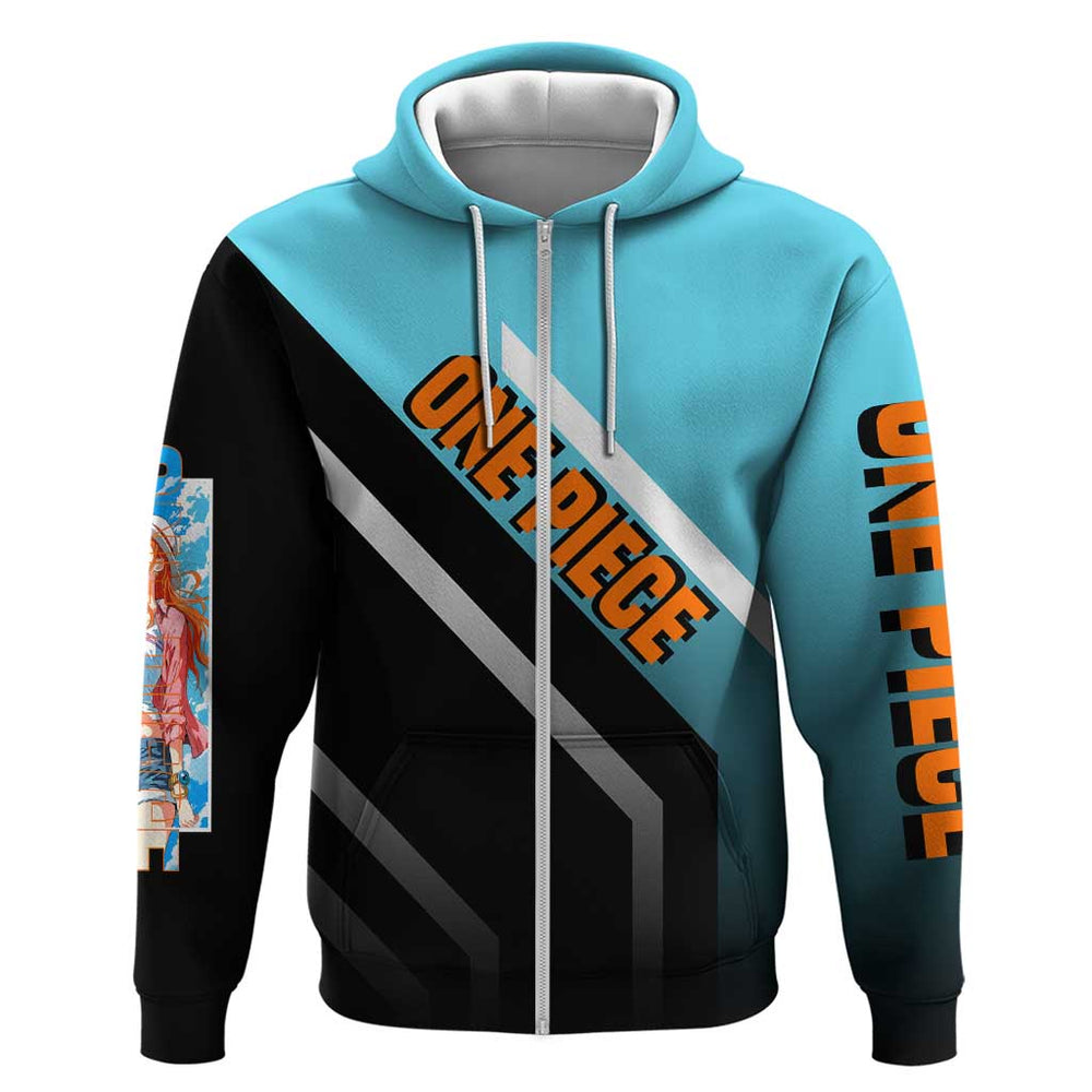 Nami One Piece Hoodie with Weather Staff and Confident Adventure Pose Design Nami One Piece Hoodie with Weather Staff and Confident Adventure Pose Design