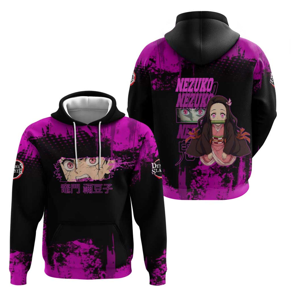 Nezuko Kamado Demon Slayer Pink Grunge Design Hoodie with Fierce Eyes and Cute Sitting Pose Nezuko Kamado Demon Slayer Pink Grunge Design Hoodie with Fierce Eyes and Cute Sitting Pose