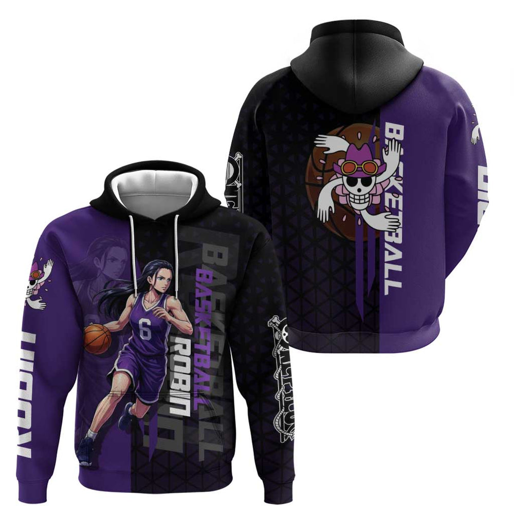 Nico Robin One Piece Basketball Theme Purple and Black Design Hoodie with Action Pose and Crew Emble Nico Robin One Piece Basketball Theme Purple and Black Design Hoodie with Action Pose and Crew Emble