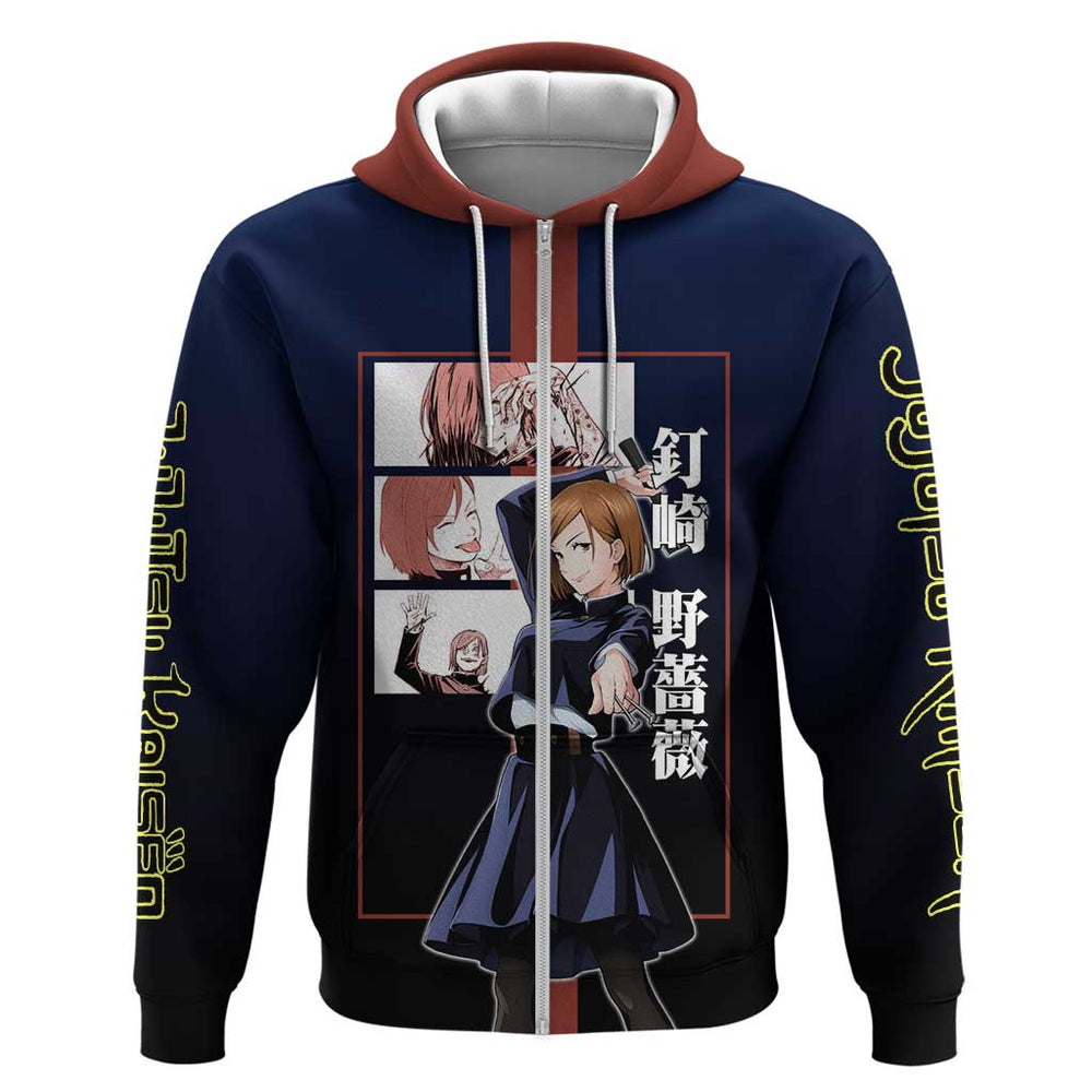 Nobara Kugisaki from Jujutsu Kaisen Hoodie with Dark Blue and Red Background and Multiple Poses Desi Nobara Kugisaki from Jujutsu Kaisen Hoodie with Dark Blue and Red Background and Multiple Poses Desi
