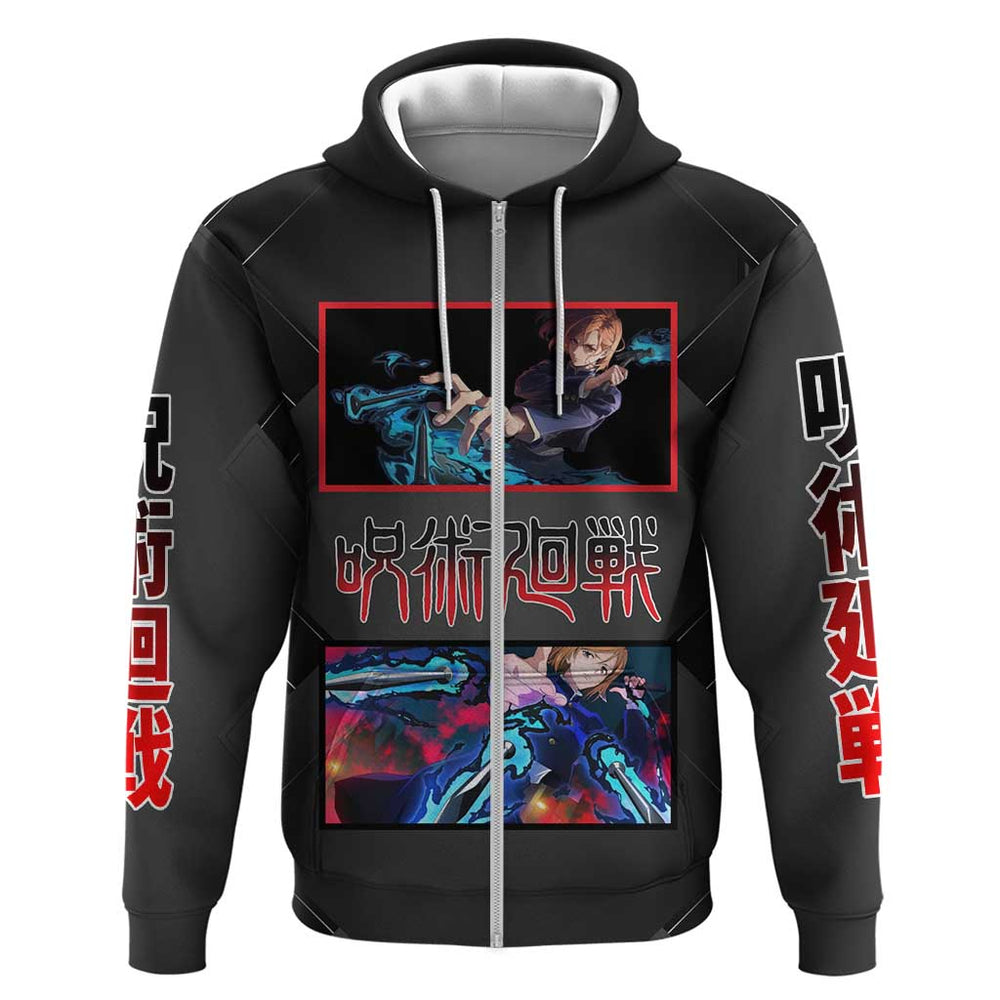 Nobara Kugisaki Jujutsu Kaisen Hoodie with Black Red Design and Cursed Energy Battle Pose Graphic Nobara Kugisaki Jujutsu Kaisen Hoodie with Black Red Design and Cursed Energy Battle Pose Graphic